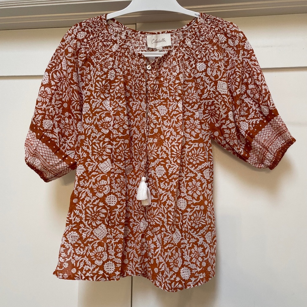 Cleobella Adele Short Sleeve Blouse in rust and white floral block print (XS)